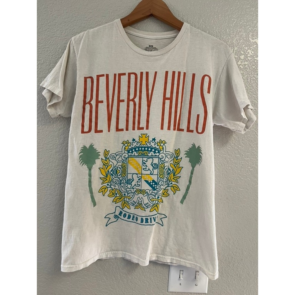 Beverly Hills Rodeo Drive Graphic T-Shirt Cream Mens Medium Cotton Short Sleeve